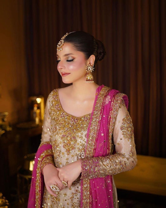 Harris Shakeel Embroidered Formal Wedding Outfit – Gold & Pink