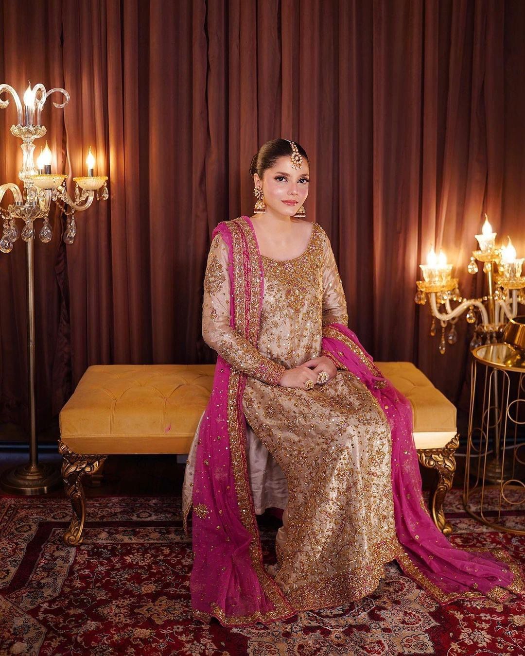 Harris Shakeel Embroidered Formal Wedding Outfit – Gold & Pink