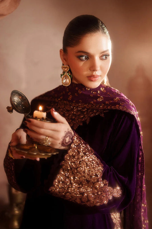 Iznik Luxury Embroidered Velvet Wedding Collection- Plum