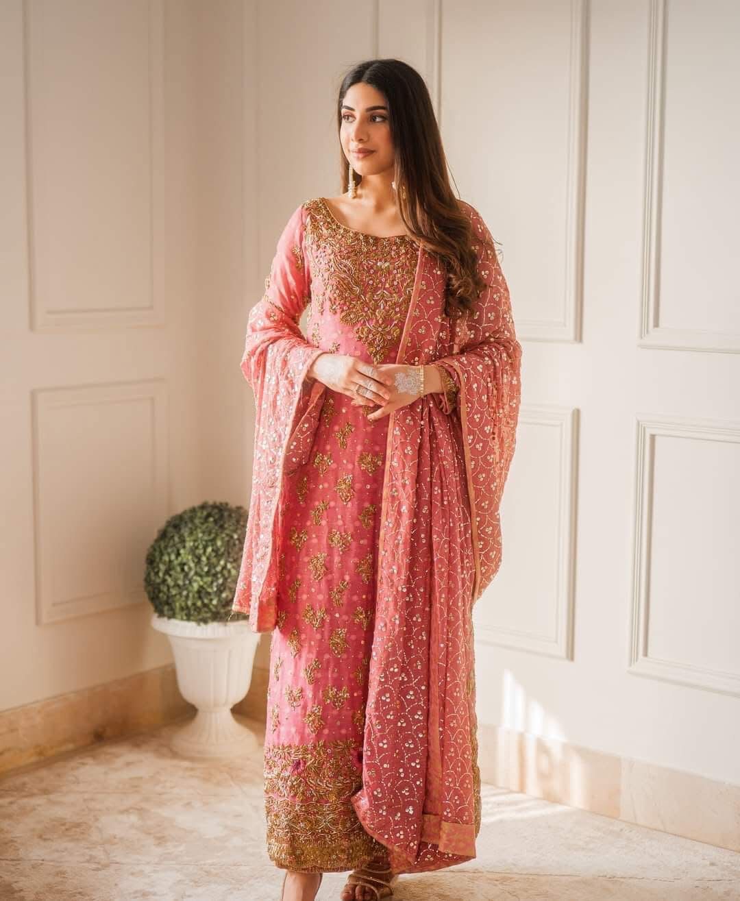 Haris Shakeel Luxury Hand Embellished Addawork Formal Wedding Collection- Salmon Pink