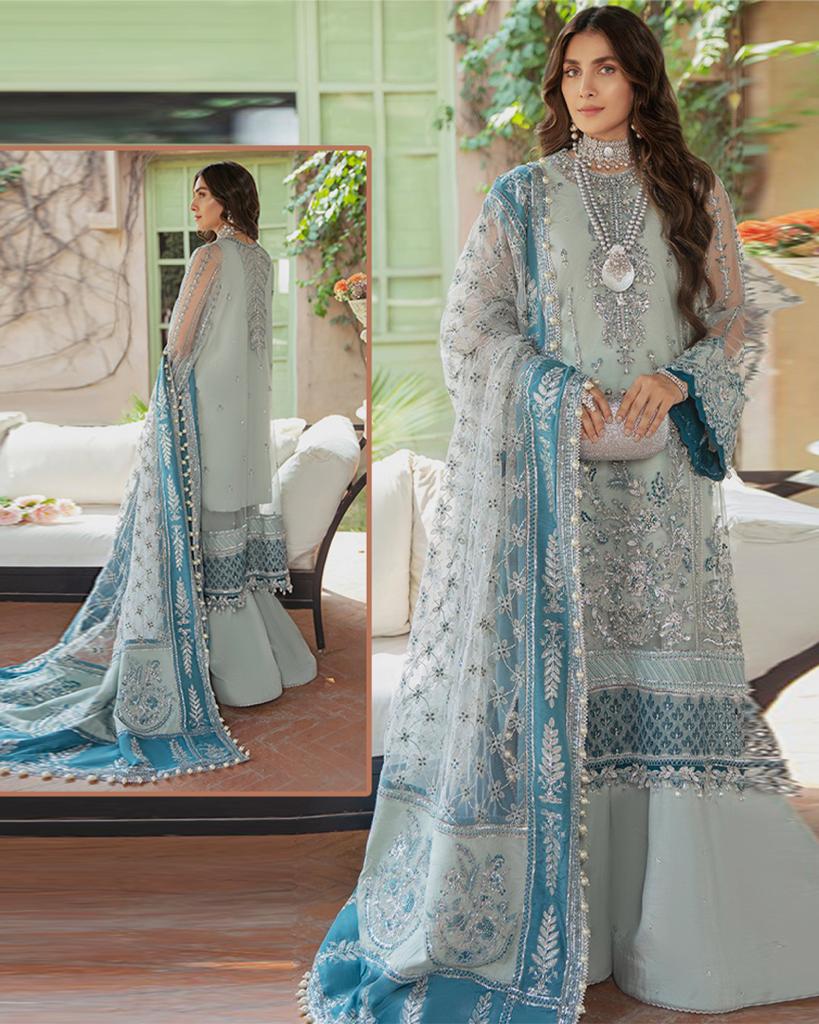 Afrozeh Embroidered Addawork Formal Wedding Collection- Silver Grey And Teal Blue