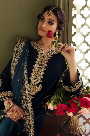 BARAQUE Embroidered Velvet Wedding Collection Blue