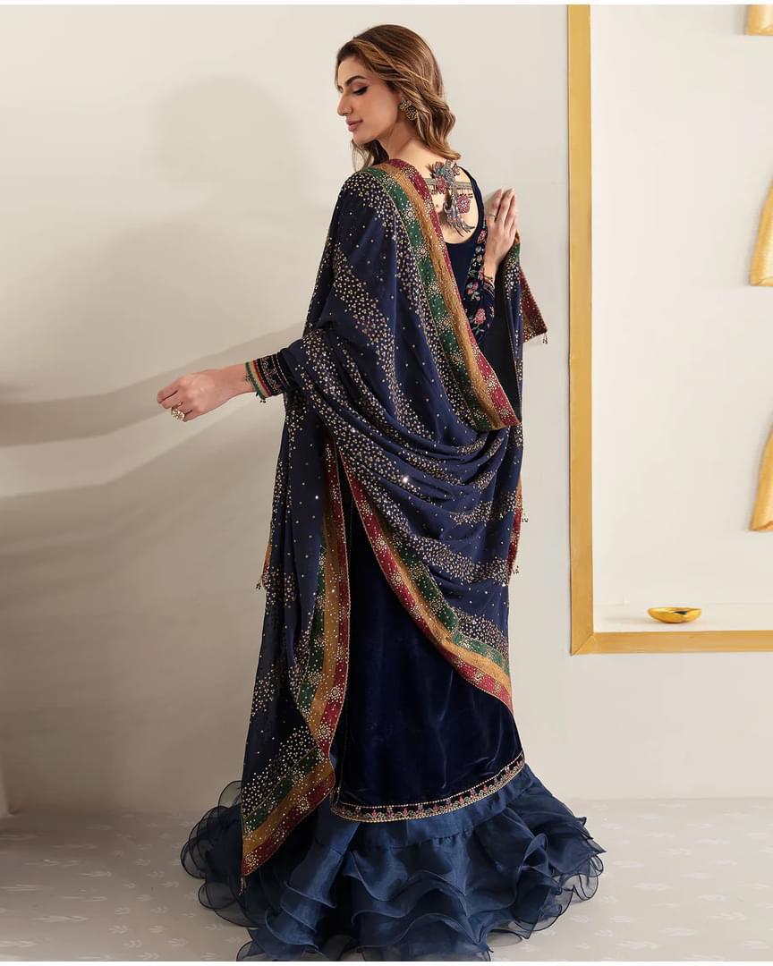 Jazmin Embroidered Velvet Formal Collection-Navy Blue