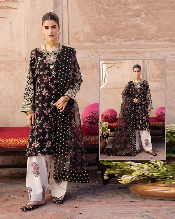 Batik Silk Luxury Formals Pret Collection With Clutch Bag-Black Flora