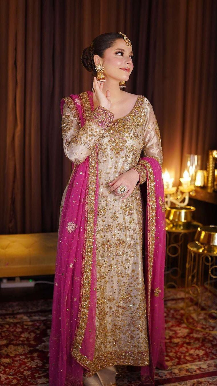 Harris Shakeel Embroidered Formal Wedding Outfit – Gold & Pink