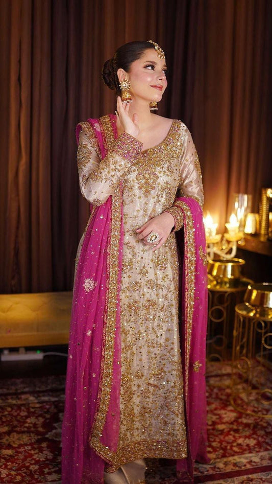 Harris Shakeel Embroidered Addawork Formal Wedding Wear Collection-Gold & Pink