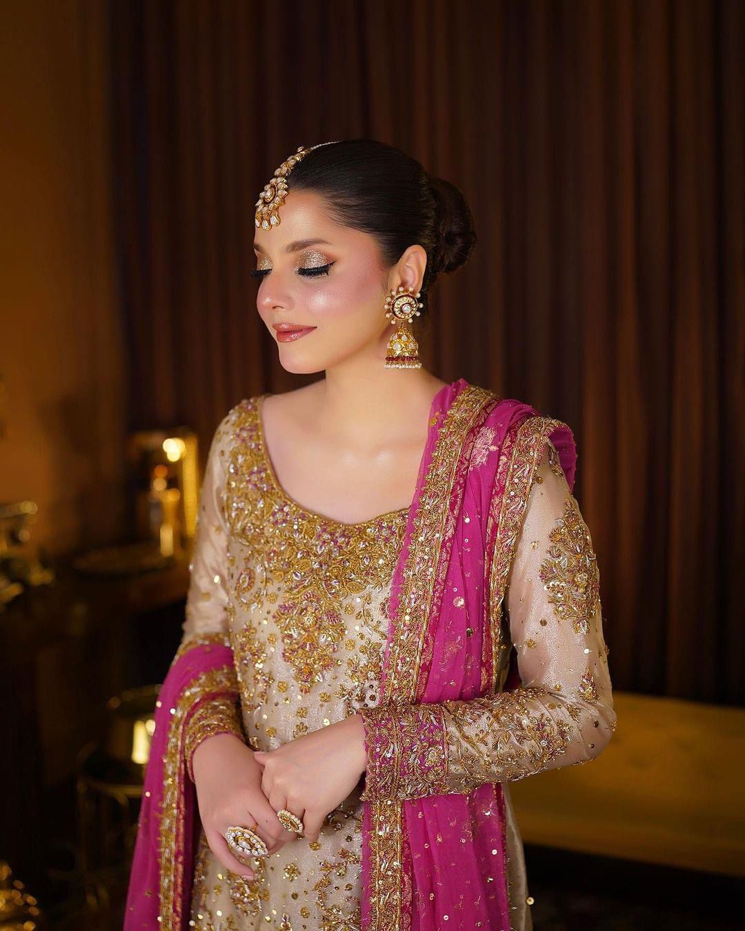 Harris Shakeel Embroidered Formal Wedding Outfit – Gold & Pink