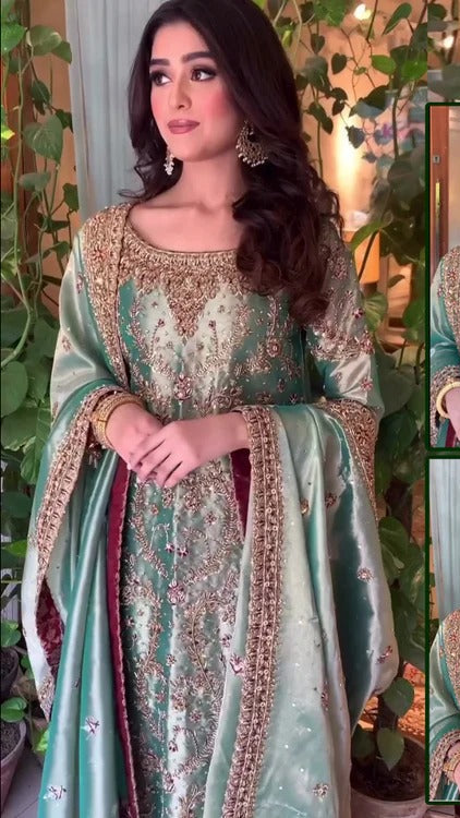 Harris Shakeel Embroidered Addawork Formal Wedding Wear Collection-Seagreen Gold