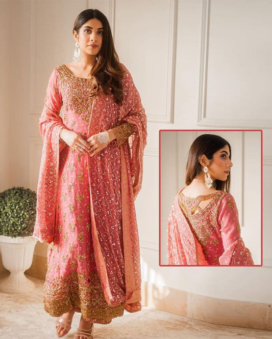 Haris Shakeel Luxury Hand Embellished Addawork Formal Wedding Collection- Salmon Pink