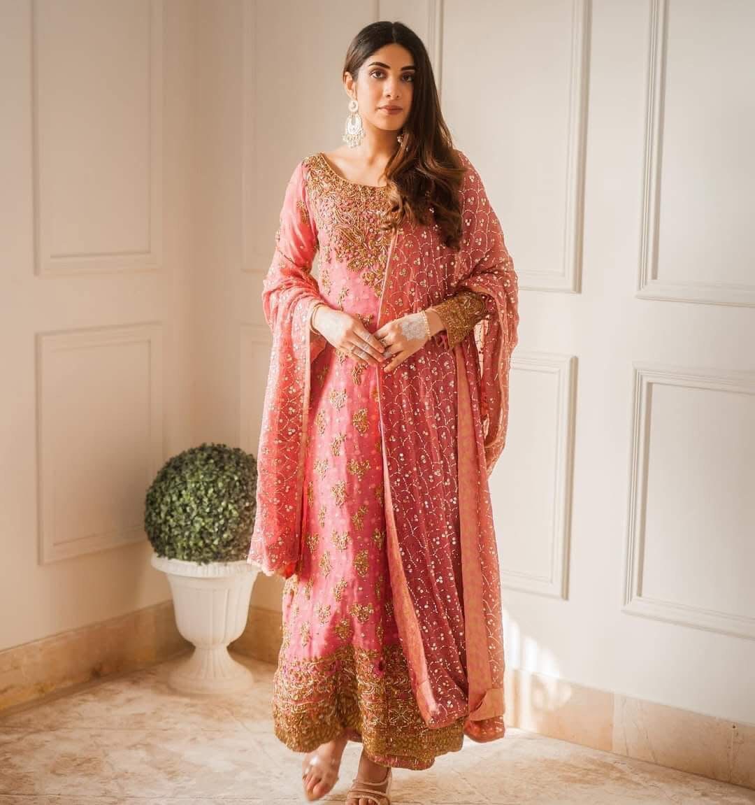 Haris Shakeel Luxury Hand Embellished Addawork Formal Wedding Collection- Salmon Pink