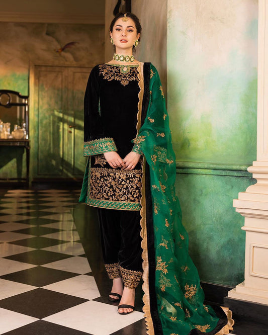 Zainab Chottani Velvet Wedding Collection- Black&Bottle Green