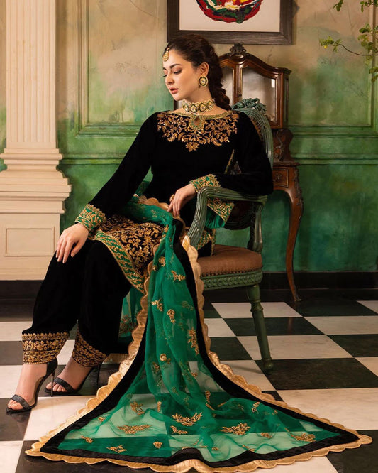 Zainab Chottani Velvet Wedding Collection- Black&Bottle Green