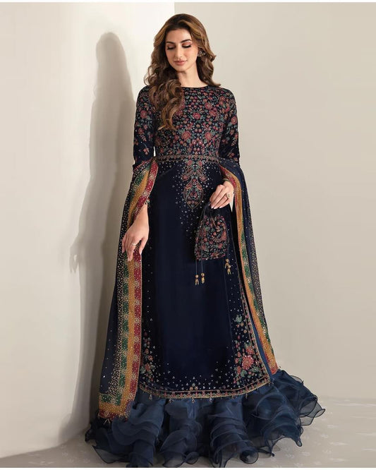 Jazmin Embroidered Velvet Formal Collection-Navy Blue