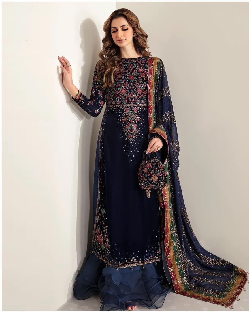 Jazmin Embroidered Velvet Formal Collection-Navy Blue