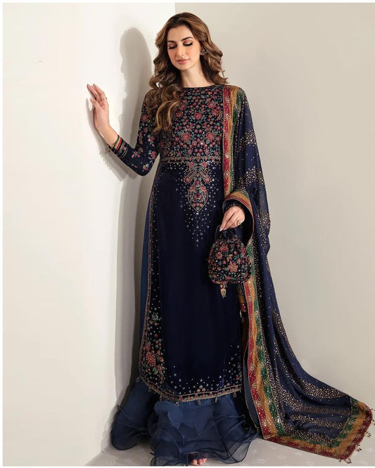 Jazmin Embroidered Velvet Formal Collection-Navy Blue