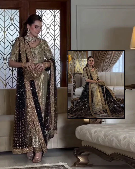 Haris Shakeel Luxury Addawork Formal Bridal Collection-Sumbul Chartreuse Gold & Black