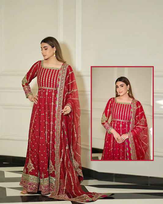 Aneela's Luxury Embroidered Formal Wedding Collection-Red Maaxi