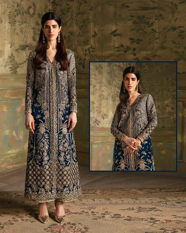 Faiza Saqlain Hand Embellished Velvet Wedding Collection- Teal
