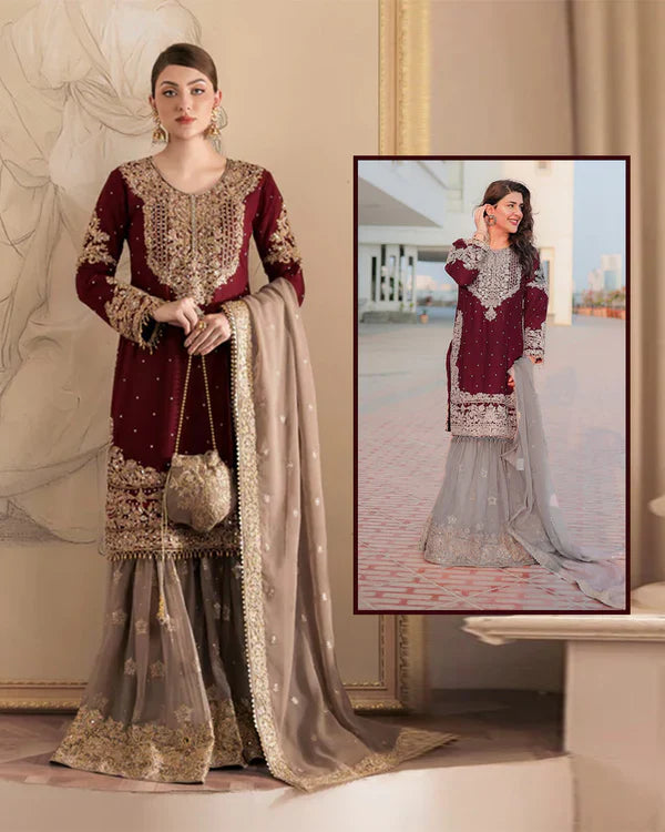 Haseens Luxury Embroidered Velvet Wedding Collection- Reddish Maroon