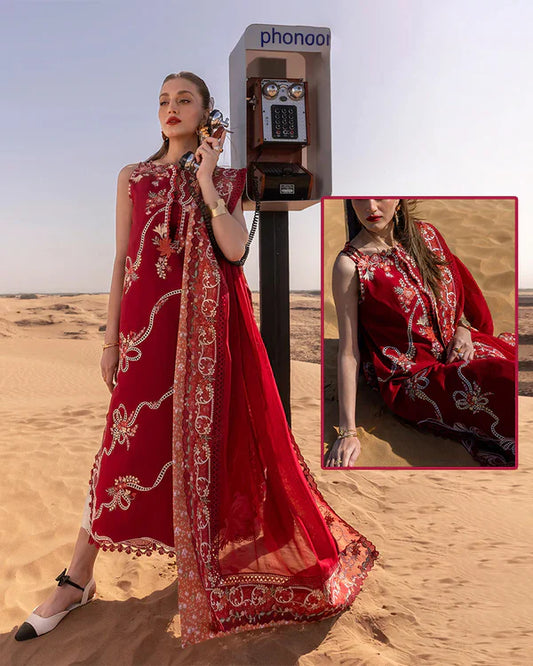 Crimson Flow Luxury Embroidered Chikankari Lawn Collection- Scarlet Red
