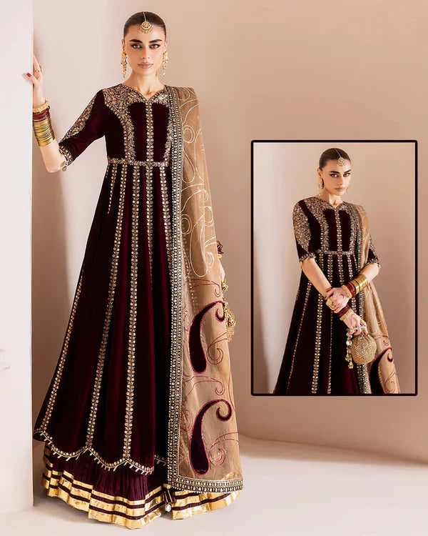 Jazmin Chandani Luxury Velvet Wedding Collection- Maroon Maaxi