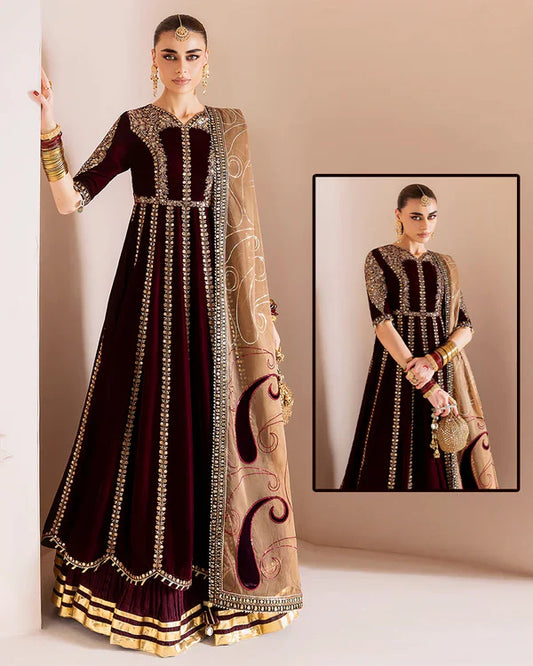 Jazmin Chandani Luxury Velvet Wedding Collection- Maroon Maaxi