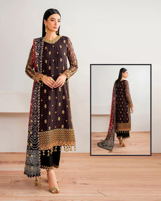 Baroque Formal Luxury Embroidered Chiffon Collection-Black Chunri