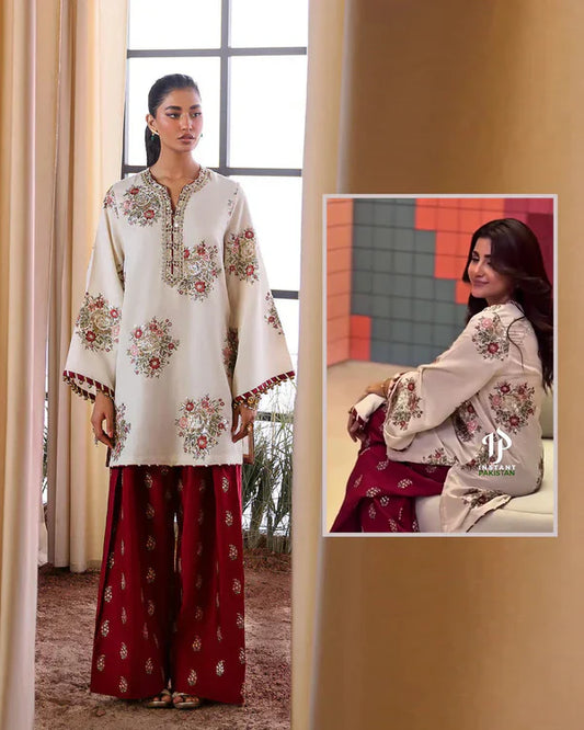 Ethnic Luxury Embroidered Formal Wedding Collection-Off White & Reddish Maroon