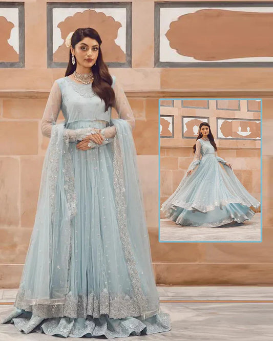 Elanora Maaxi With Koora Dabka Addawork Formal Wedding Collection – Sky Blue