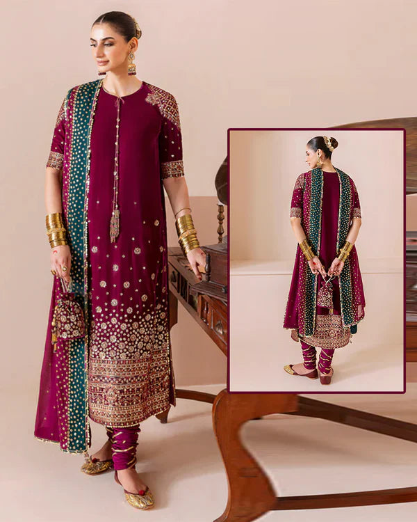 Jazmin Luxury Chandani Embroidered Velvet Wedding Collection- Berry Pink