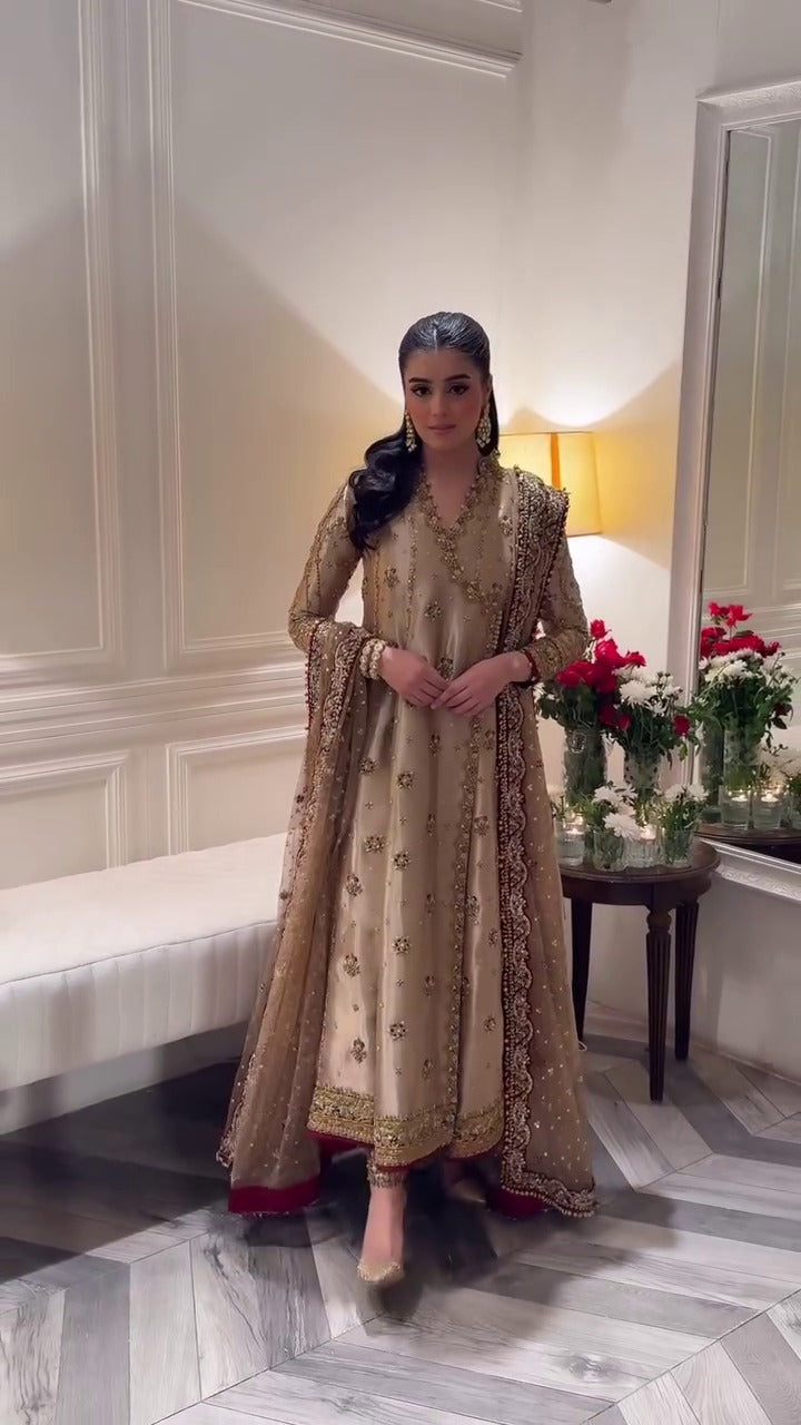 Haris Shakeel Luxury Angarkha Hand Embellished Addawork Formal Bridal Collection- Gold & Maroon